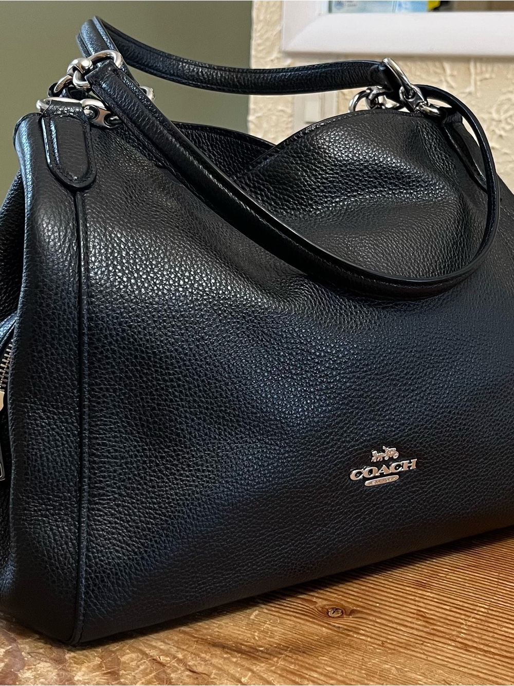 Coach Black Hallie Pebbled Leather Shoulder Bag with Silver Hardware